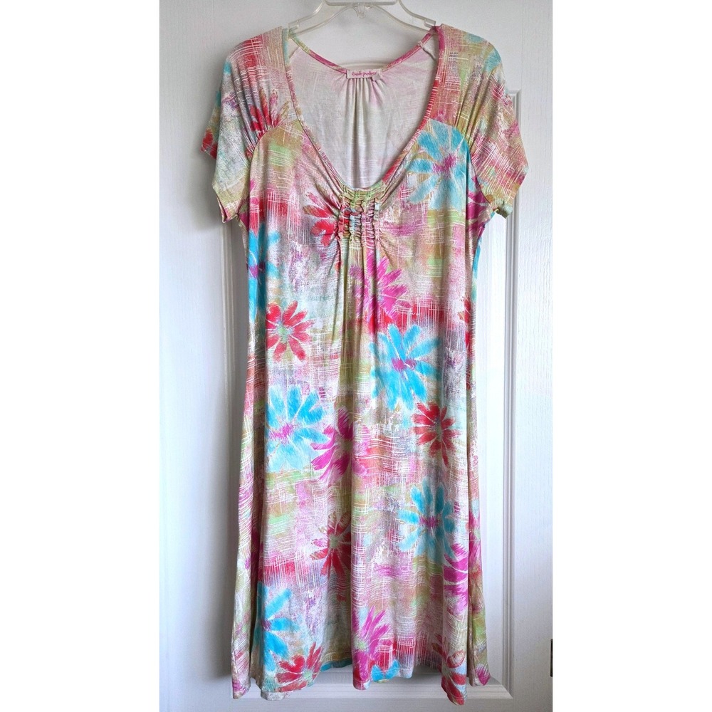 Fresh Produce Floral V-Neck Short Sleeve Shift Dress Multi-Color Sz XL VTG Y2K